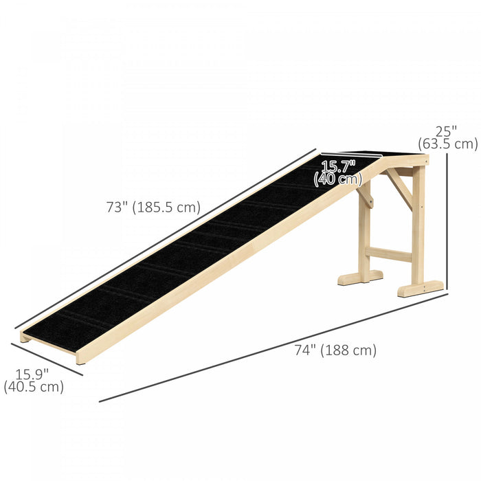 Pawhut Pet Ramp Bed Steps For Dogs Cats Non-slip Carpet Top Platform Pine Wood 74\"l X 16\"w X 25\"h Natural