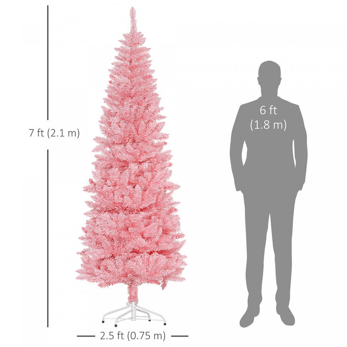 Homcom 7ft Tall Pencil Artificial Christmas Tree With Steel Base, Pink