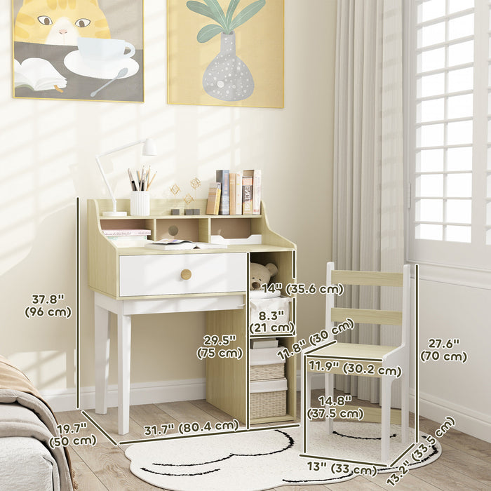 Qaba Kids Desk And Chair Set, Kids Table And Chair Set, Kids Study Table And Chair Set With Storage Shelves, Drawer, For 3-10 Years, White