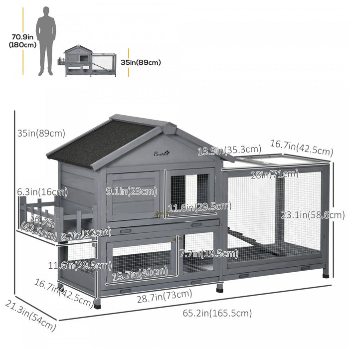 Pawhut 65\" Wooden Rabbit Hutch, Pet Playpen With Openable Roof, Bunny House Enclosure With Storage Box, Slide-out Tray, Ramp, For Rabbits And Small Animals, Dark Grey