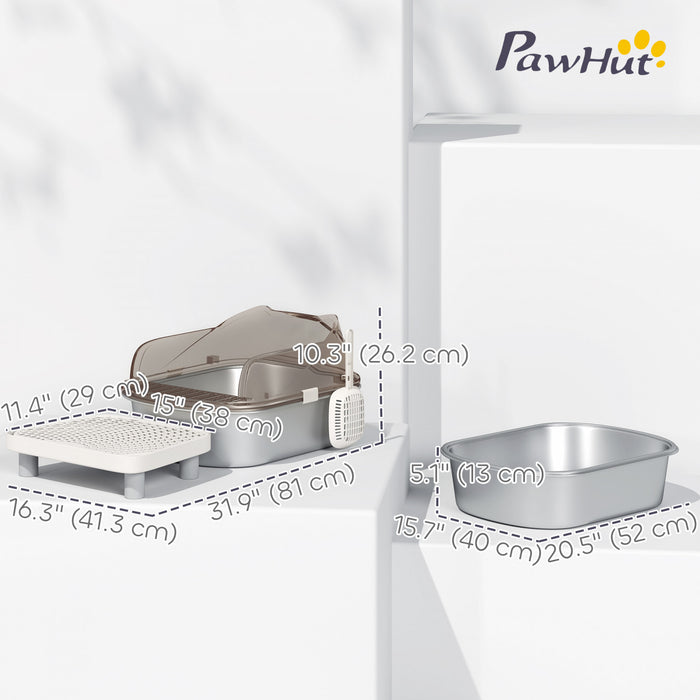 PawHut Stainless Steel Cat Litter Box with Lid, Metal Kitty Litter Pan Tray with Step, High Sided Enclosure, Scoop, Non-Sticky & Anti-Urine Leakage, Easy Cleaning