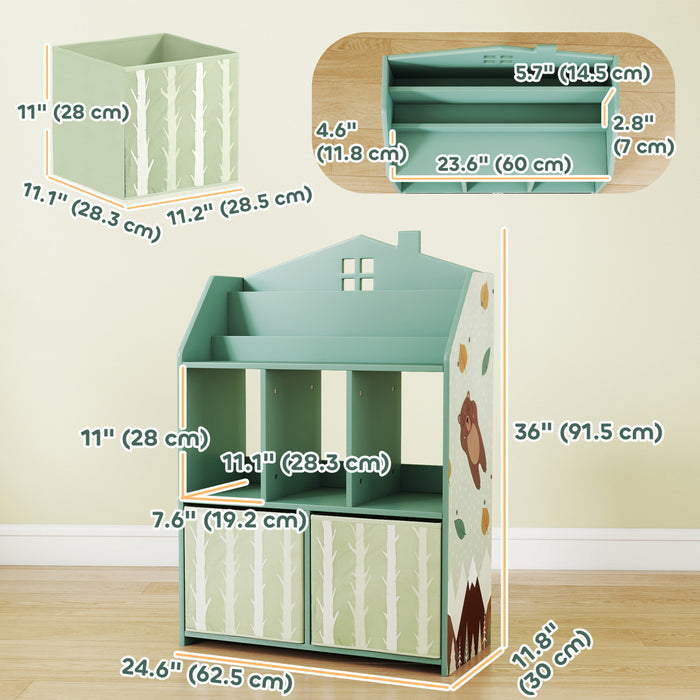 Qaba Kids Bookshelf with Toy Storage, Children's Bookcase with Book Display, Shelves and Fabric Drawers, Toy Organizer for Playroom and Nursery, Green