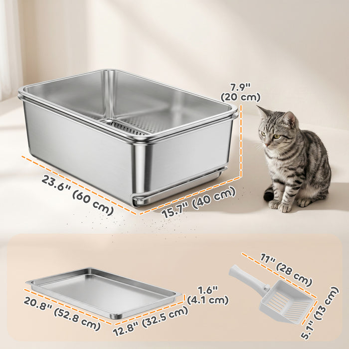 PawHut XL Stainless Steel Cat Litter Box, Sifting Cat Litter Box with Sifting Pan, High Sides for Medium and Large Cats, Non-Sticky, Odour Control, Easy Cleaning, Silver