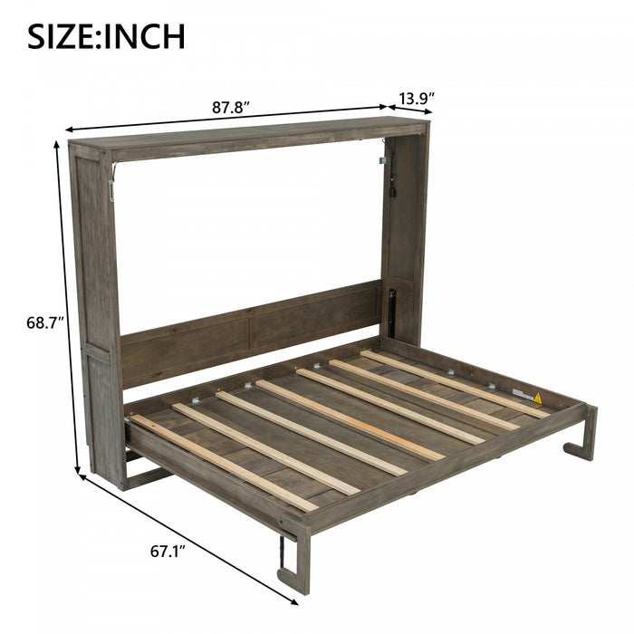 Olivia Solid Wood Murphy Bed with LED Light and Foldable Cabinet,Queen Size,Brown Queen Bed