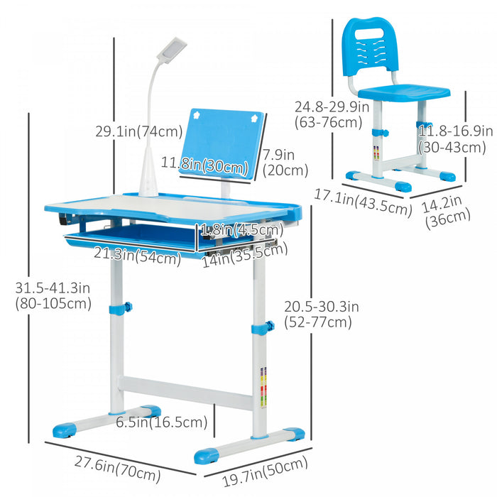 Qaba Kids Desk And Chair Set Height Adjustable Student Writing Desk Children School Study Table With Tilt Desktop, LED Lamp, Pen Box, Drawer, Reading Board, Cup Holder, Pen Slots, Blue