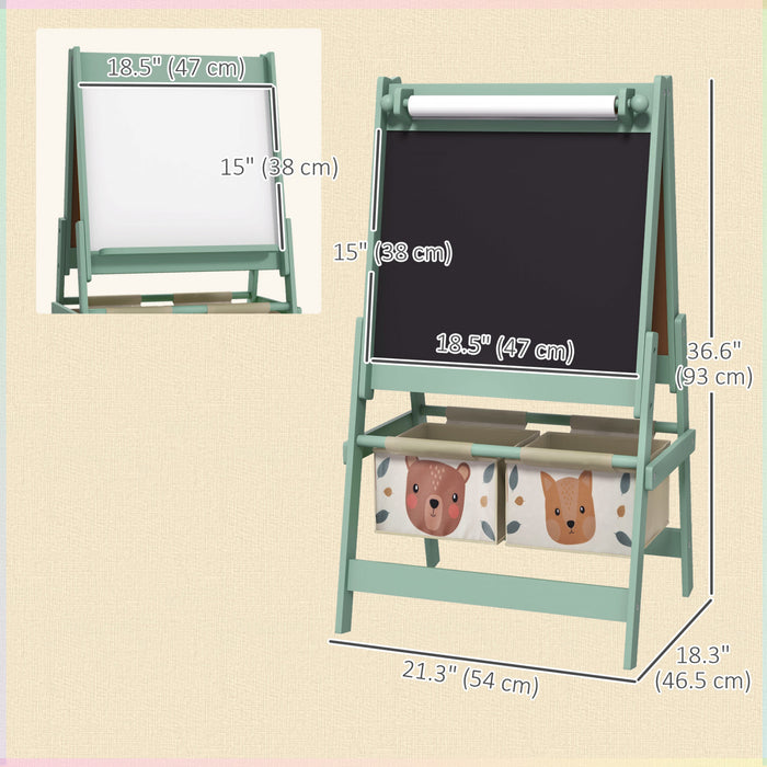 Qaba Art Easel for Kids, 3-in-1 Double-Sided Kids Easel with Paper Roll, Whiteboard & Chalkboard, 2 Storage Boxes, Gift for Boys, Girls Ages 3-8, Green, Fox and Bear