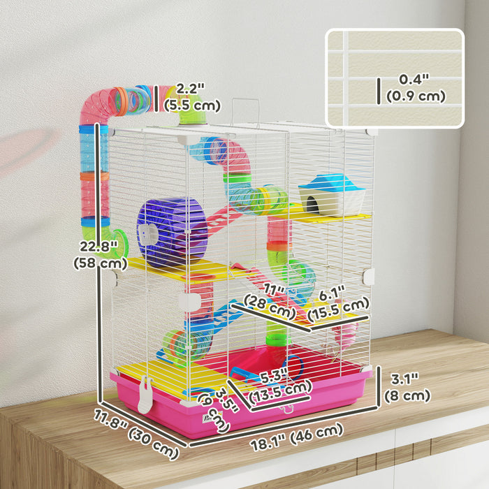 PawHut 5 Tiers Hamster Cage Portable Animal Travel Carrier Habitat with Exercise Wheels Play Tube Water Bottle Dishes House Ladder for Gerbils, Pink