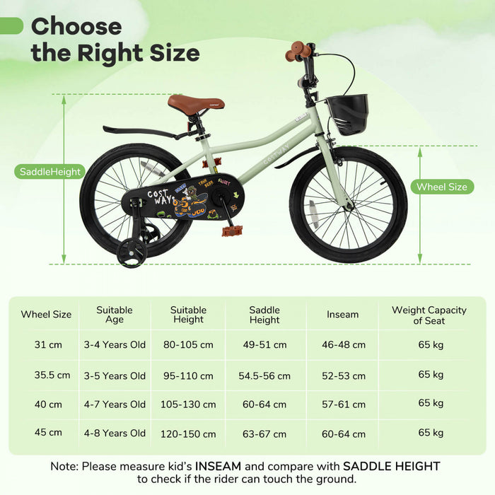 Costway 18\" Kid's Bike With Training Wheels Adjustable Handlebar & Seat Handbrake Green