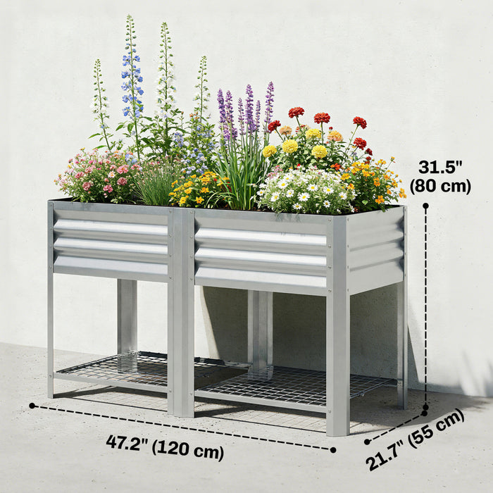 Outsunny Raised Garden Bed with Storage Shelf 31.5\", Silver