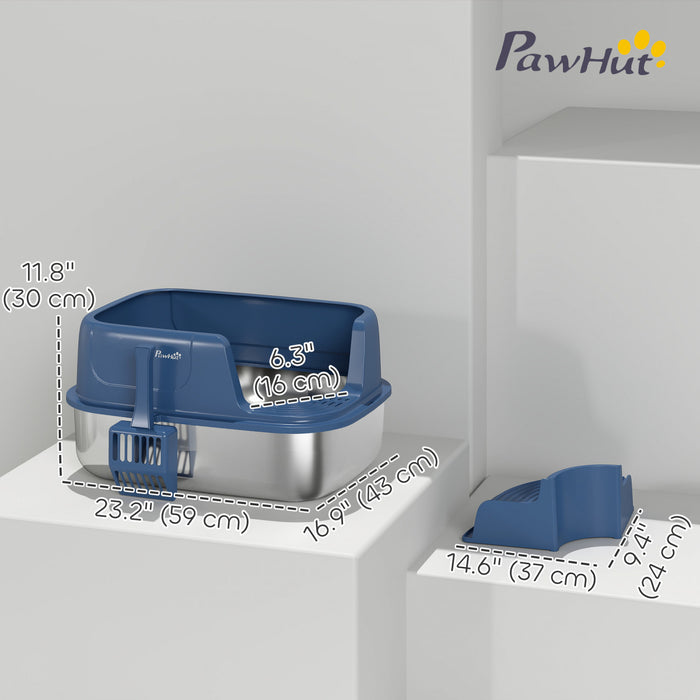 PawHut Stainless Steel Cat Litter Box, High Sided Cat Litter Box with Scoop for Kittens, Anti-Leakage, Easy to Clean, Odor Control Design, Navy Blue