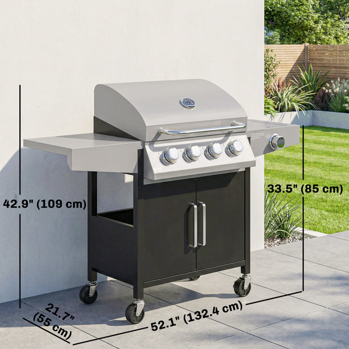 Outsunny 4+1 Burner Liquid Propane Gas Grill, 48,000 BTU Outdoor Portable BBQ Grill with Side Burner, Warming Rack, Side Shelf, Storage Cabinet, Thermometer, 4 Wheels, Silver