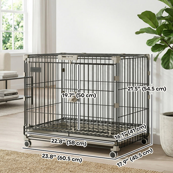 PawHut Dog Crate, 24 Inch Metal Dog Cage with Removable Tray, Lockable Wheels, 2 Doors for Small Breeds, Black