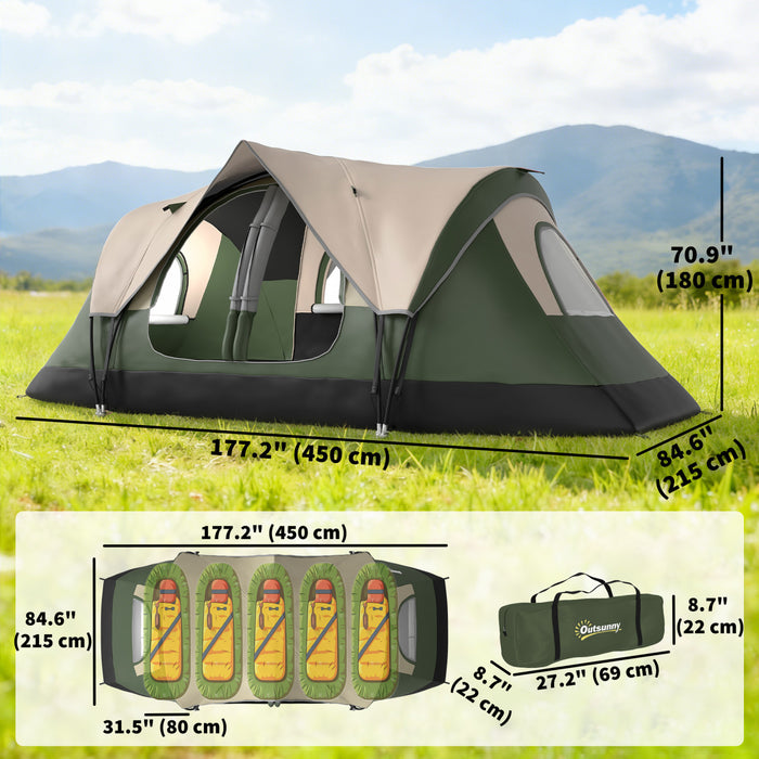 Outsunny Camping Tent, 6 Person Tent with 2 Bedroom, Rainfly, Dark Green