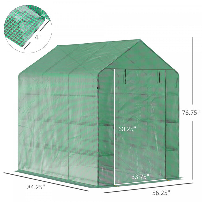 Outsunny 84\"x 56\" X 77\" Walk-in Greenhouse 2-tier Flower Rack Outdoor Plant Garden Pe Cover Steel Frame With Roll Up Door, Green