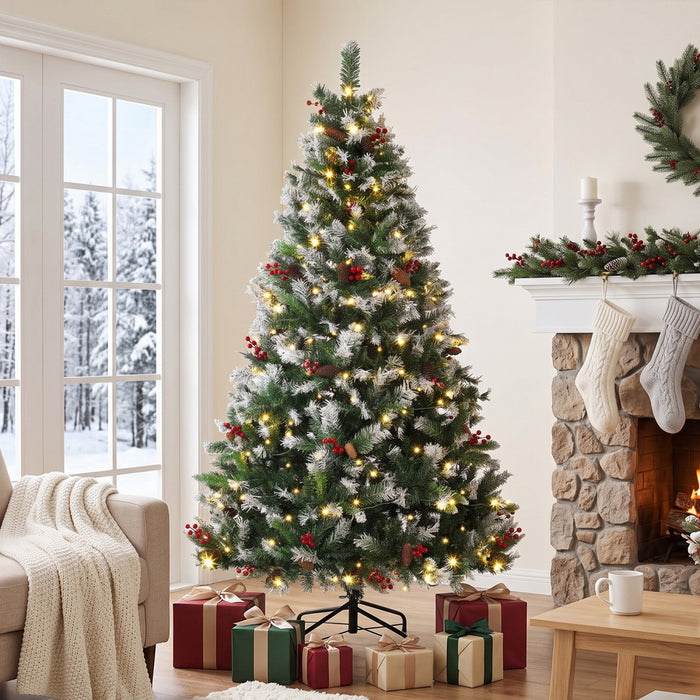 HOMCOM 6ft Flocked Prelit Christmas Tree Spruce, Dual Colour LEDs, Remote
