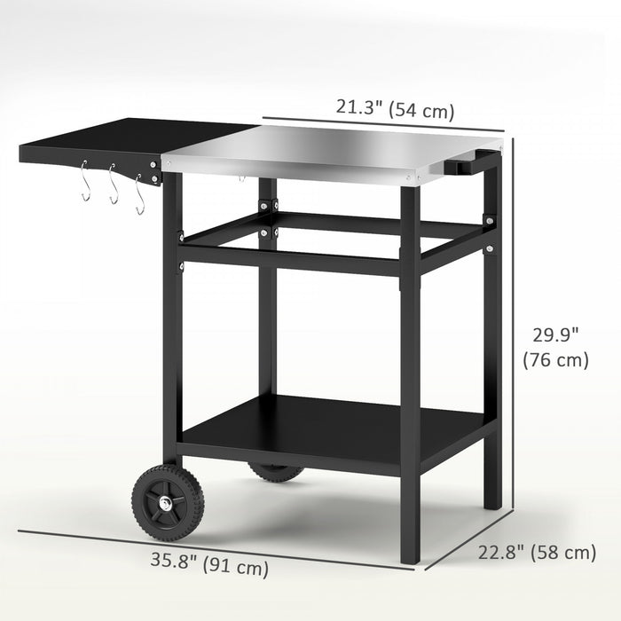 Outsunny Outdoor Grill Dining Cart with Stainless Steel Top and Foldable Side Table, BBQ Movable Pizza Oven Stand Food Prep Table Trolley with Hooks Shelf Cover, Black