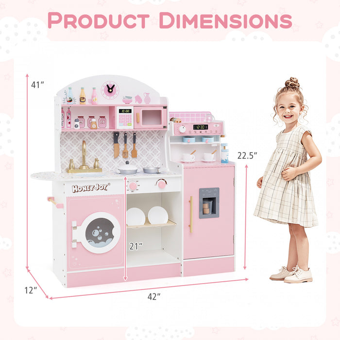 Honeyjoy Kids Kitchen Set Wooden Kitchen Playset With Clock, Microwave, Sink, Dish Rack Pink
