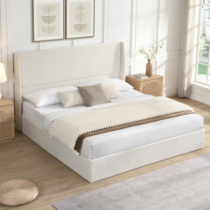 Liam Upholstered Platform Bed with Wingback Headboard,King Size,Beige King Bed