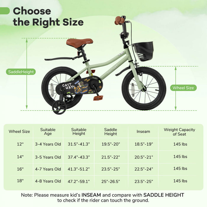 Costway 14\" Kid's Bike With Training Wheels Adjustable Handlebar & Seat Handbrake Green