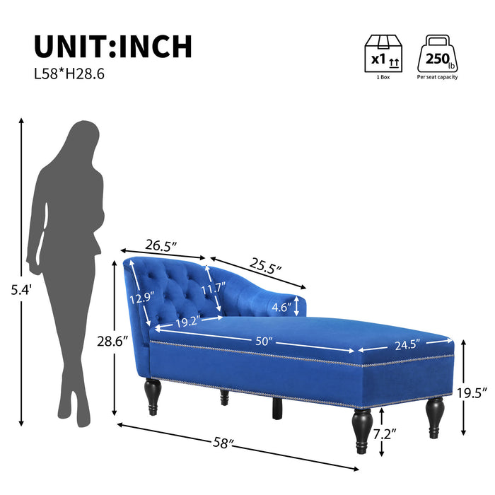 Serena Velvet Chaise Lounge with Button Tufting and Nailhead Trim, Blue