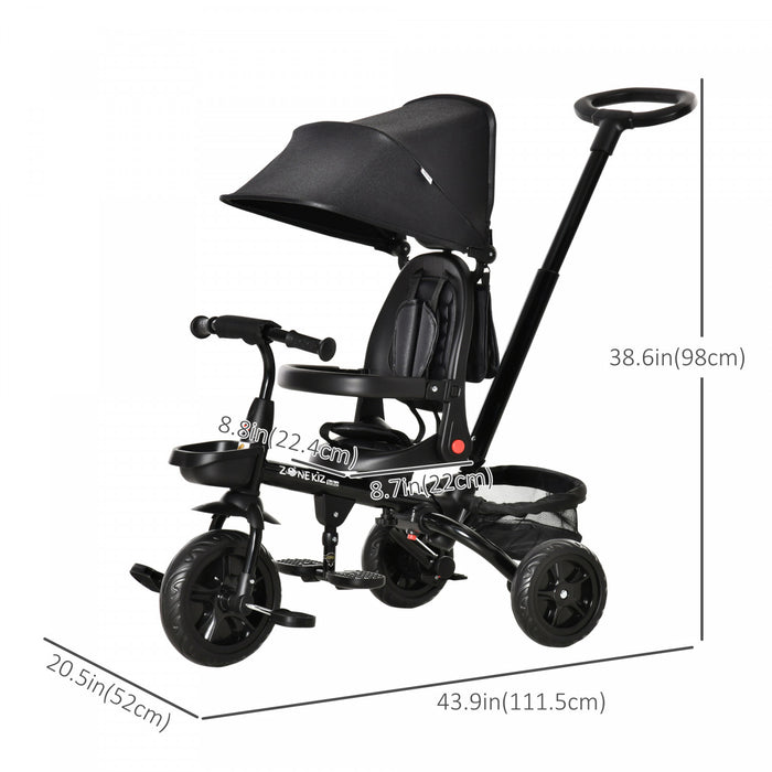Qaba Baby Tricycle 4 In 1 Trike W/ Reversible Angle Adjustable Seat Removable Handle Canopy Handrail Belt Storage Footrest Brake Clutch For 1-5 Years Old Black