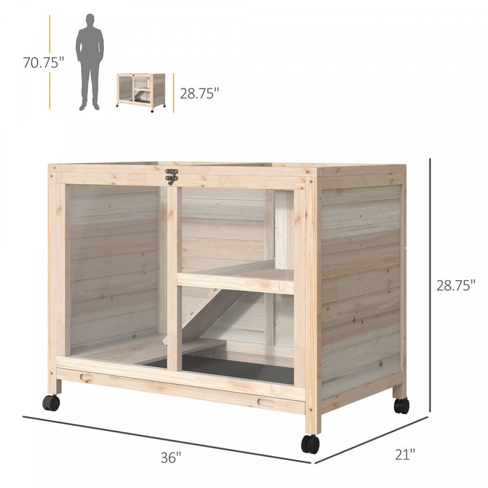 Pawhut Indoor Rabbit Hutch With Wheels, Bunny Cage Guinea Pig House Small Animals Habitat W/ Top Access, Ramp, Pull Out Tray, Natural Wood