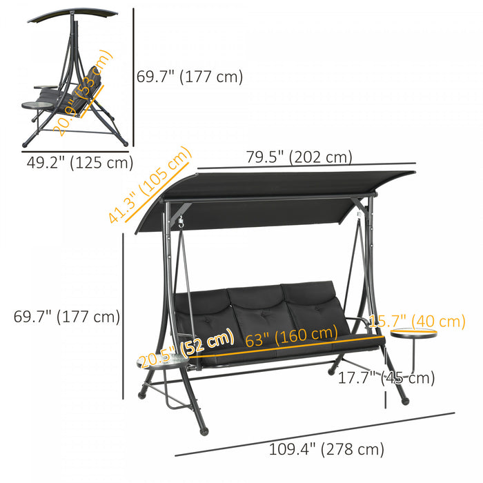 Outsunny 3 Seat Outdoor Swing Bench With Adjustable Canopy, Coffee Tables