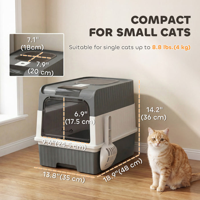 PawHut Cat Litter Box with Lid, Enclosed Kitty Litter Box with Pull-Out Drawer Tray, Scoop, 4 Deodorization Bags, Front Entry & Top Exit, Easy to Clean for Cats under 4 kg, Grey