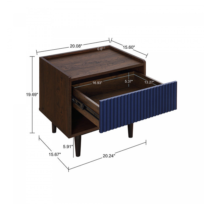 Duane Mid-Century Modern 20\" Fluted Nightstand in Navy Blue (1-Drawer) - Set of 2