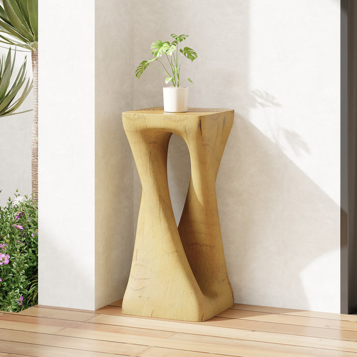 Cade 26.80\" Twisted Square MGO Accent Table, Unique Natural Wood Grain Indoor Side Table, Natural