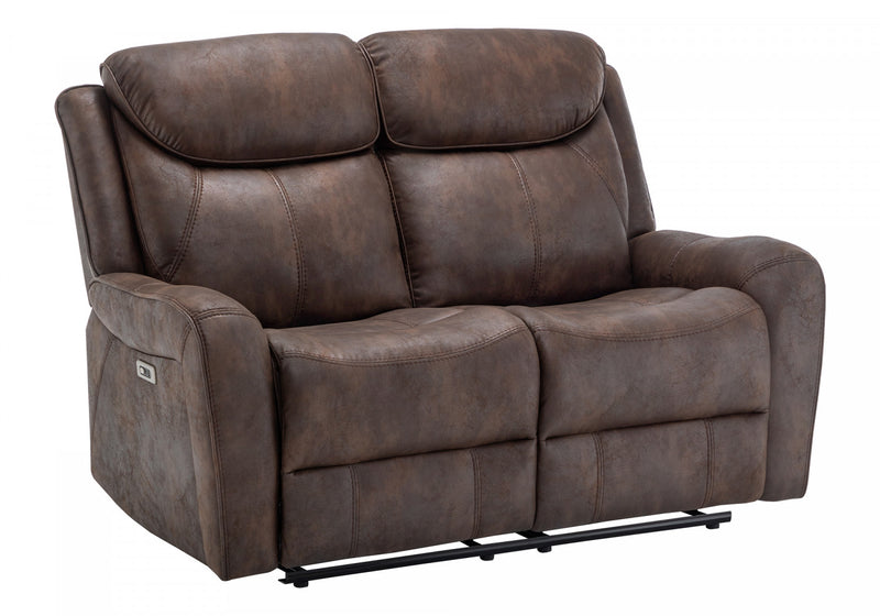 Large 2-Seater Power Reclining Love Seat, 60\" Wide, Usb Port Included, Brown Leather-Look Recliner