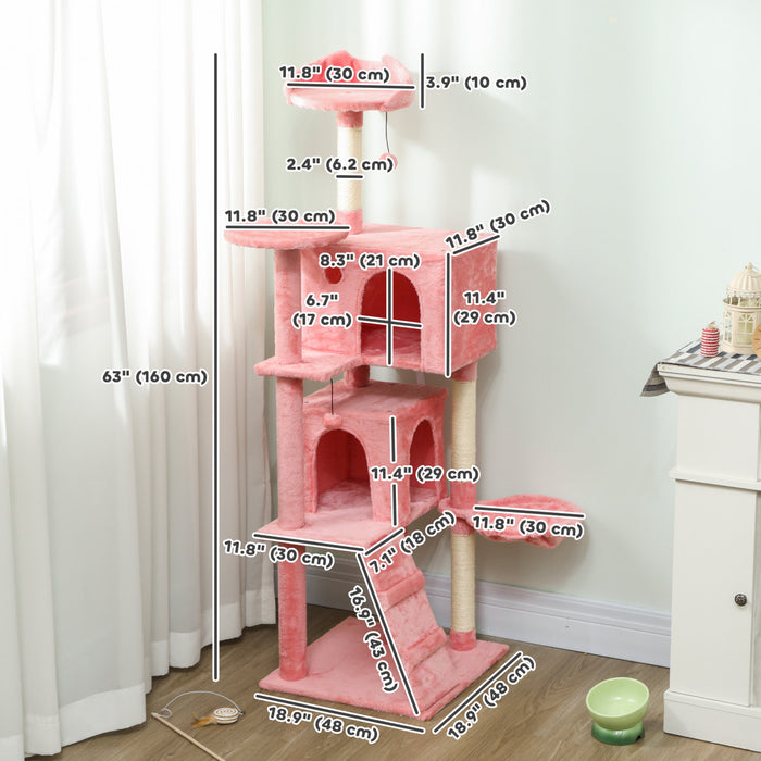 PawHut Cat Tree, 63 Inch Multi-Level Large Cat Tower with Sisal Scratching Posts, Condos, Plush Perches, Hammock, Ladder, Dangling Balls, for Indoor Kittens, Pink