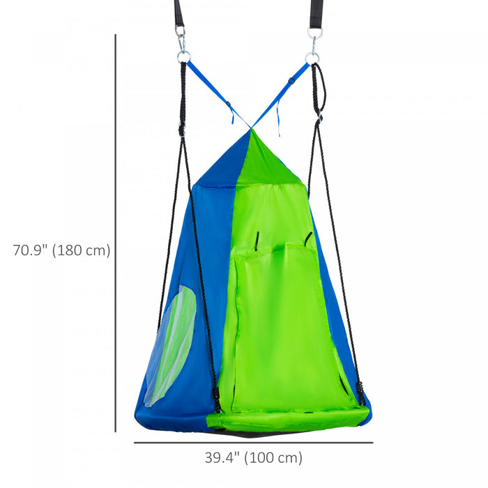 Outsunny Kids Hanging Tree Swing Tent for Backyard, Waterproof Sensory Swing Nest Pod, Saucer Swing with Screen Window, Rolling Door, for Indoor & Outdoor Use, Green