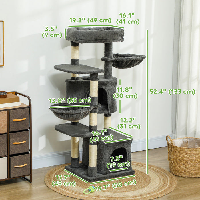 Pawhut 52.5\" Cat Tree, Cat Tower For Indoor Cats With Scratching Posts, Cat Condos, Bed, Platforms, Hammocks, Cat Activity Center, Dark Grey