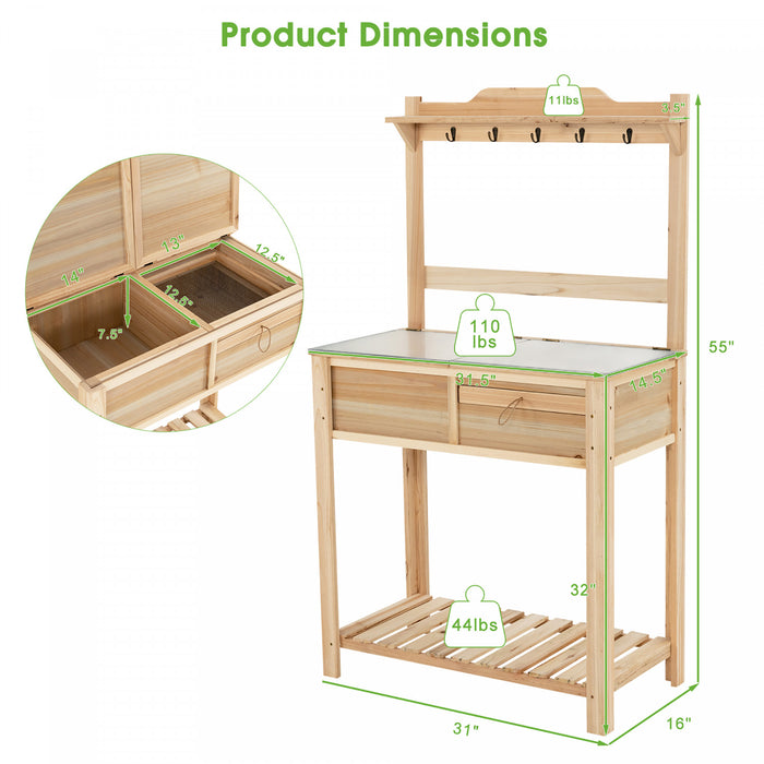 Costway Outdoor Garden Potting Bench Table Wooden Work Station W/metal Top Open Shelf