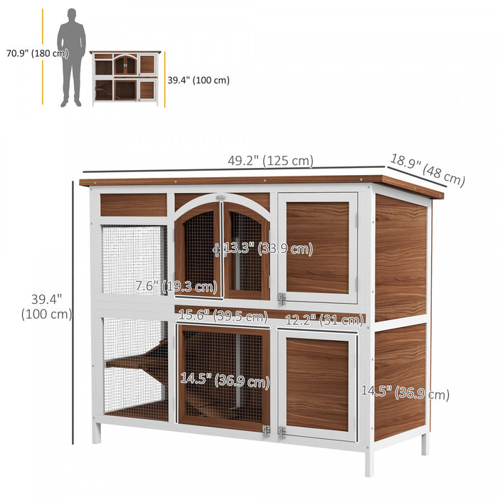 PawHut 49\"L Wooden Rabbit Hutch, Two Story Bunny Cage with Ramp, Divider, Indoor Outdoor Guinea Pig Cage with Openable Roof and Slide-Out Tray, Brown