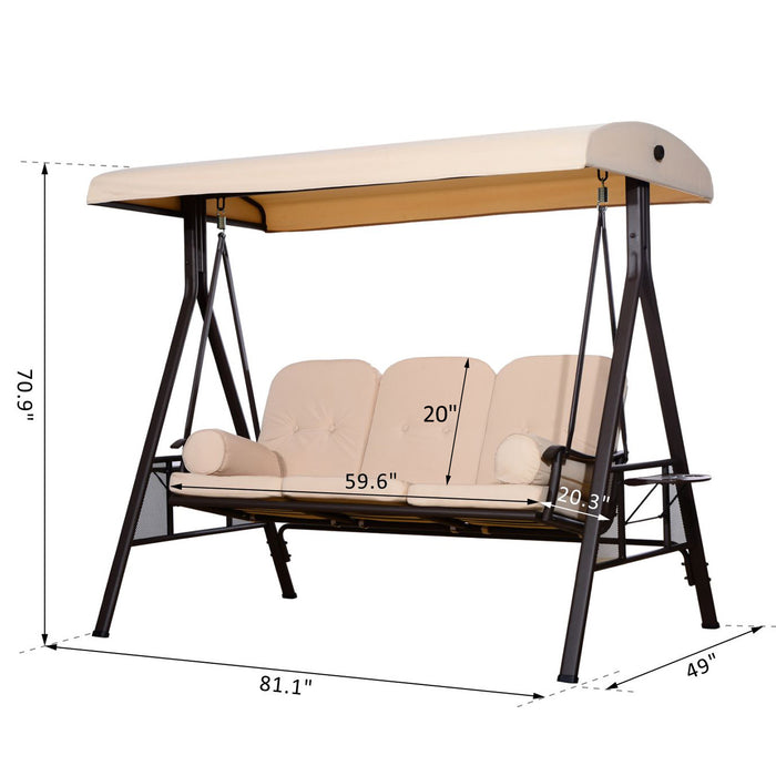 Outsunny 3 Seater Porch Swing Heavy Duty Outdoor Swing Chair Outdoor Lounge Hammock Cushioned Seat W/ Tilt Canopy, Beige