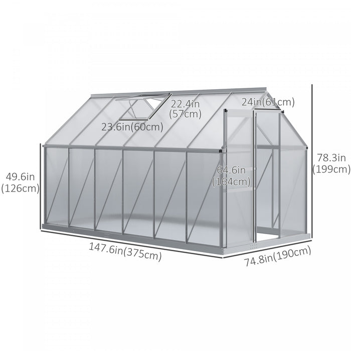 Outsunny 12' X 6' Aluminum Greenhouse Polycarbonate Walk-in Garden Greenhouse Kit With Adjustable Roof Vent, Rain Gutter And Sliding Door For Winter, Clear