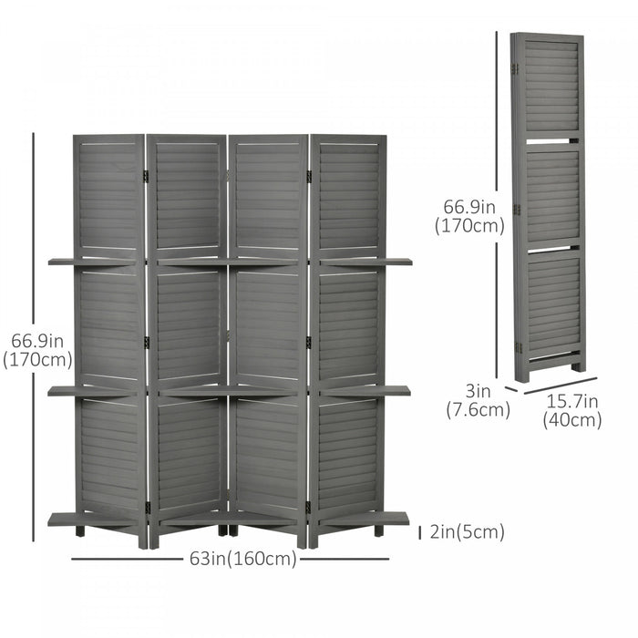 Homcom 5.6ft 4-panel Wooden Room Divider With 3 Storage Shelves