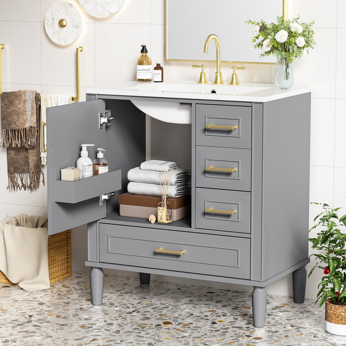 Emerson 30 Inch Bathroom Vanity with Ceramic Sink and Three Drawers, Grey