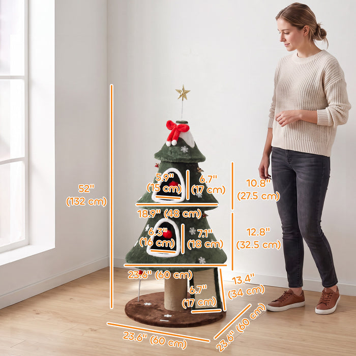 PawHut 52\" Christmas Cat Tree, 2-Tier Cat Tower with Dual Condos, Scratching Posts, Sisal Ladder, Anti-Tip Rope, Hanging Balls, Kitten Furniture for Indoor Cats, Green