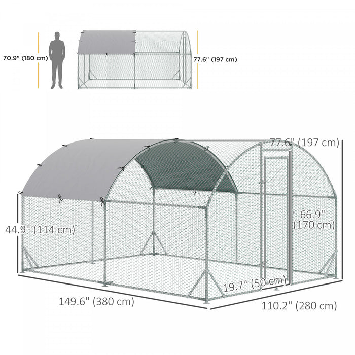 Pawhut Galvanized Large Metal Chicken Coop Cage Walk-in Enclosure Poultry Hen Run House Playpen Rabbit Hutch With Cover For Outdoor Backyard 9.2' X 12.5' X 6.5' Silver