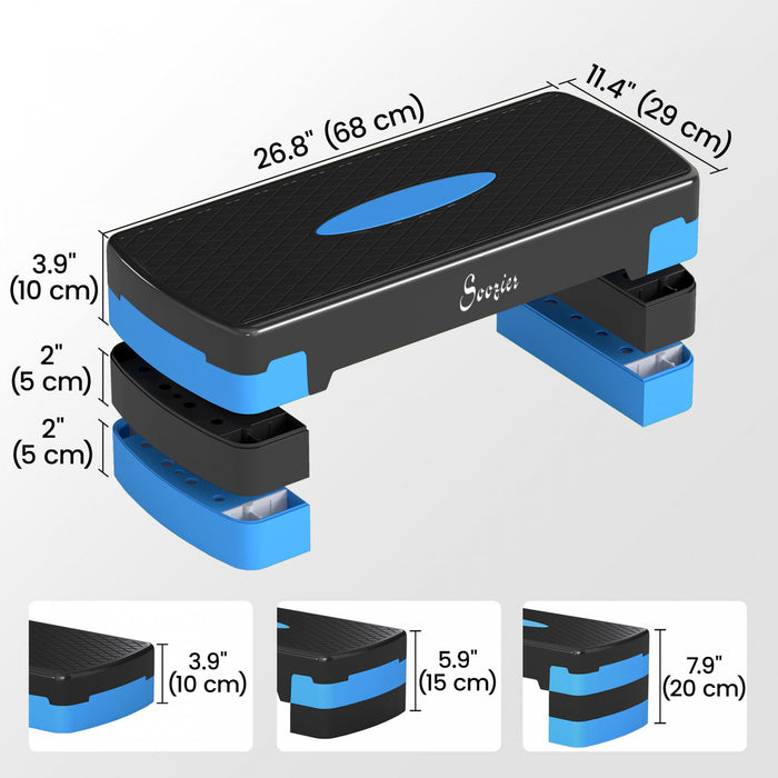 Soozier Aerobic Exercise Step Platform, 4\"/6\"/8\" Height Adjustable Aerobic Stepper with Risers, Workout Stepper for Home Gym, Men, Women, Cardio Fitness, Strength Training, Blue