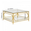 Gleam 33.5 Inch Square Tempered Glass Coffee Table with Geometric Gold Frame and Lower Shelf, Transparent | Gleam Table Basse Carree en Verre Trempe 33.5 po avec Cadre Geometrique Dore et Etagere Inferieure, Transparent