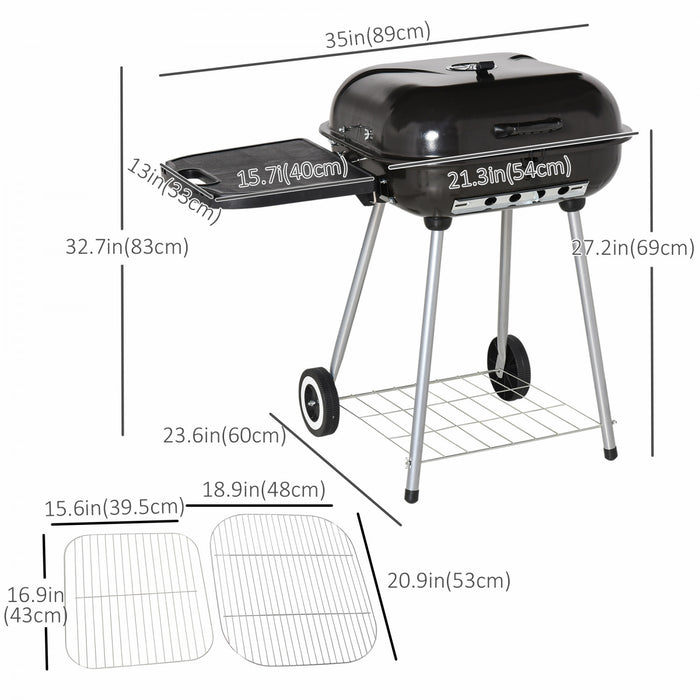 Outsunny Charcoal BBQ Grill with Warming Rack & Storage Side Table, Portable Barbecue Smoker with Lid, Heat Control, Wheels for Outdoor Cooking Camping Picnic, Black