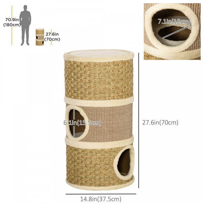 Pawhut Cat Condo 3 Story Three Holes With Sisal Seaweed Scratching Cover Surface, Cat Tower For Indoor Cats, 15\" X 28\", Khaki And Brown