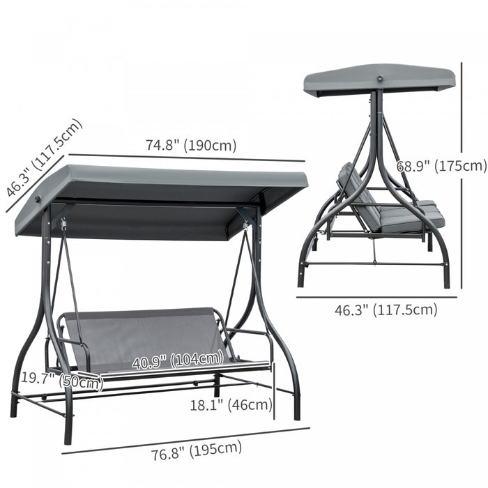 Outsunny 3 Seater Patio Swing Chair Convertible Cushioned Porch Swing Bed Outdoor Swing With Canopy Dark Grey