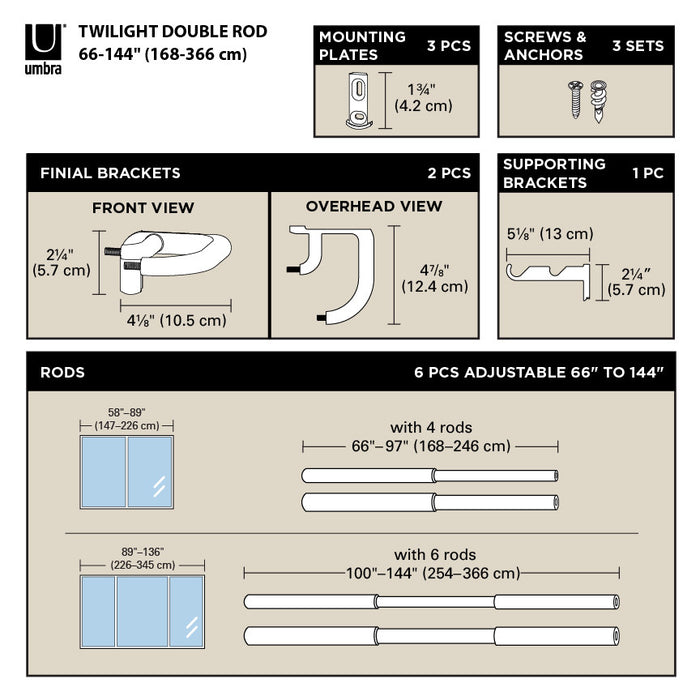 Umbra Twilight Matte Black Expandable Double Blackout 3/4\" Curtain Rod - 66\"-144\" 