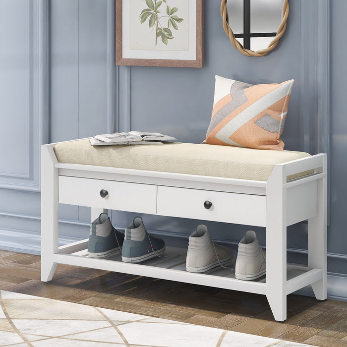 Stephanie Pine Wood Shoe Rack Bench With Cushioned Seat With Storage Drawers - White