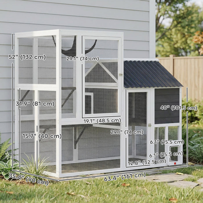 PawHut Catio Outdoor Cat Enclosure, 63\" L Large Cat House with 4-Way Adjustable Door, Private House, Hammock, 2 Platforms, Weatherproof Asphalt Roof for 1-3 Kittens, Grey